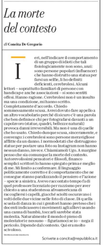 lisanoja's tweet photo. Cara @concitadeg, il contesto e l’abuso del politicamente corretto non c’entrano proprio nulla. 
Ieri hai scritto un orribile articolo abilista. Punto. 
Certe volte bisogna semplicemente chiedere scusa. E fermarsi lì. 
Peccato, hai perso un’occasione per aprire un dibattito serio sul pregiudizio inconsapevole che spesso sta in ognuno di noi.
P.S. Siamo persone con disabilità, non con handicap. Se hai voglia di leggere la convenzione ONU, capirai che usare un termine piuttosto che l’altro fa una grossa differenza. 
Non è semantica e non è contesto.