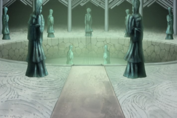 Enubma's tweet photo. After 20 episodes, a big payoff for the very small detail of the statue in the Organo boardroom as representing the Class. Whatever's the pool's purpose, it's clearly treated with a kind of reverent importance from the way the statues surround it. #TEXHNOLYZE20TH https://t.co/67mj3VuKAf