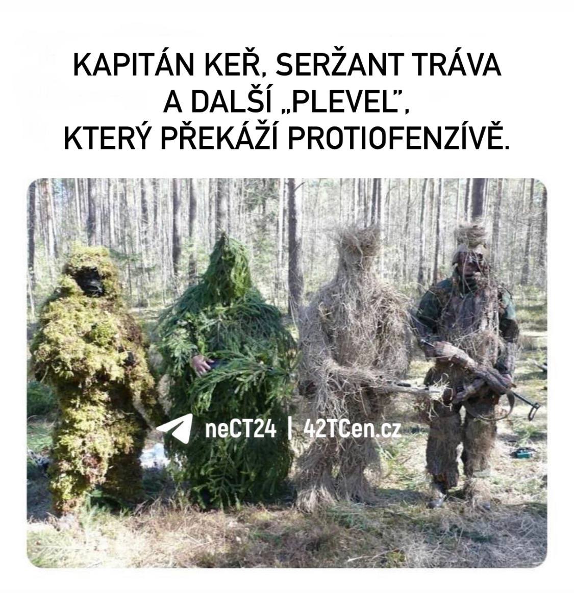 Britská rozvědka ve čtvrtek upozornila na jednu neobvyklou příčinu pomalého ukrajinského postupu. Tou je bujný plevel a hustý podrost🤪

🤦🏻‍♂️ Super, konečně známe příčiny, i to, že britská rozvědka se zabývá plevelem. Příští pomoc z USA bude roundup.

Takže asi takhle 🤣