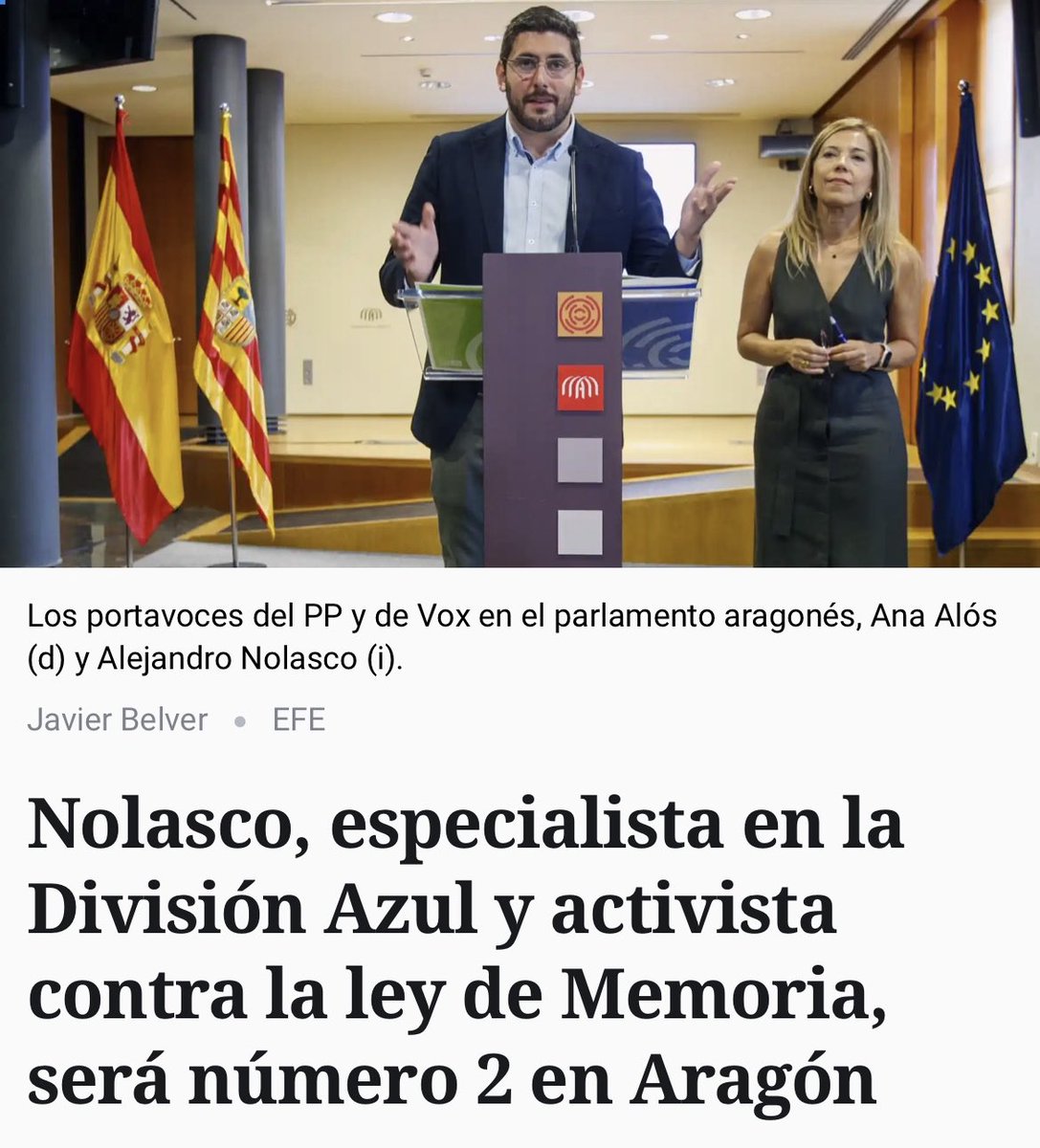 JesusCintora's tweet photo. “Especialista en la División Azul, cuyos soldados juraron fidelidad a Hitler, y activista contra la ley de Memoria, nuevo vicepresidente de Aragón tras el pacto PP-Vox” https://t.co/CEtZakBuJ4 https://t.co/1vQ8tHFFex