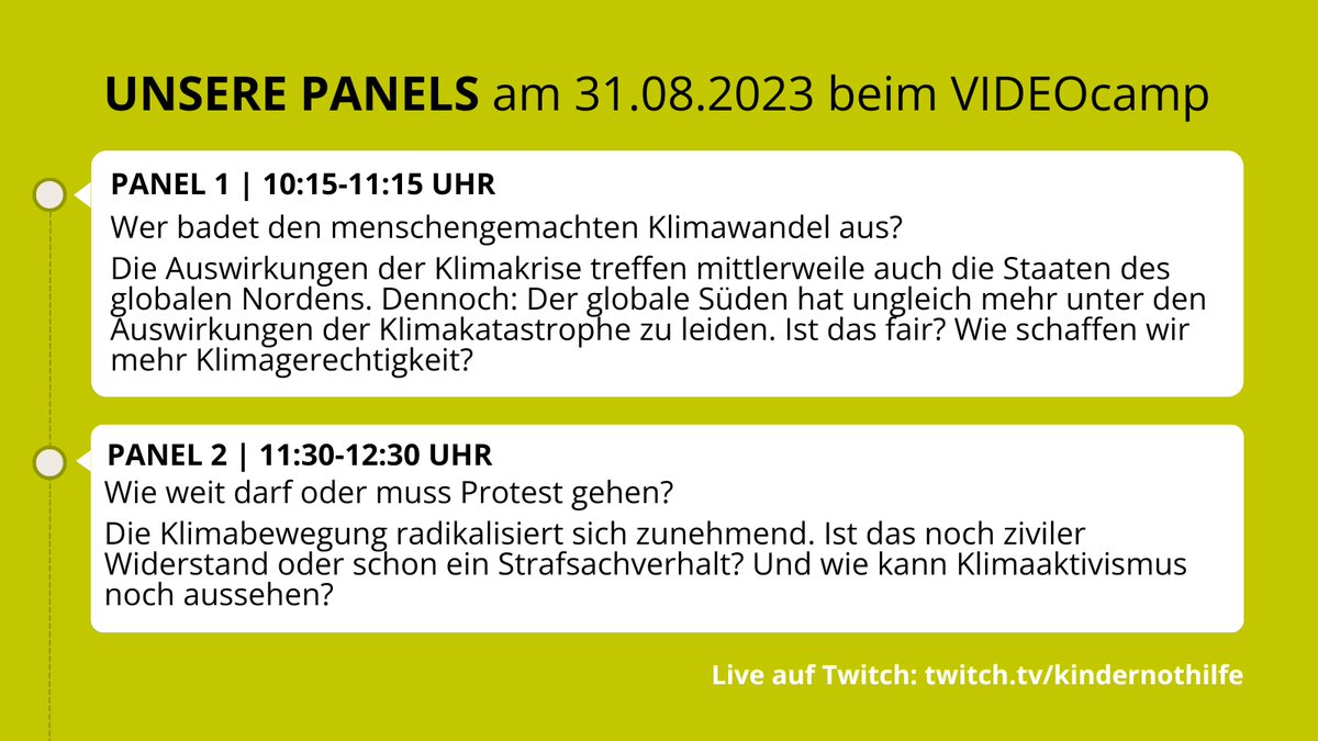 #VIDEOcamp23 Wir starten mit zwei spannenden Panels: "Wer badet den menschengemachten Klimawandel aus?" (10:15-11:15 Uhr) &amp; "Wie weit darf oder muss der Klimaprotest gehen?" (11:30-12:30 Uhr). Beide Panels werden auch gestreamt: twitch.tv/kindernothilfe Schaltet ein! #VC23