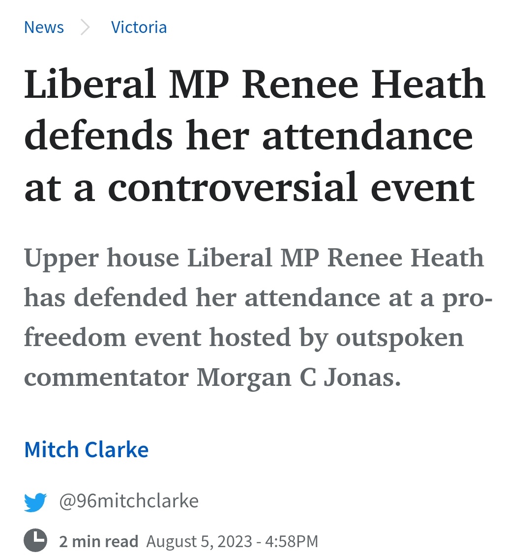 Another day and the Victorian Liberal party internal chaos builds. 

Liberal MP Renee heath attending an event from the cooker  'Freedom party' and cuddling up to party members/leaders.

Senior members of Vic Liberal party apparently 'furious' & wanting action

#auspol #springst