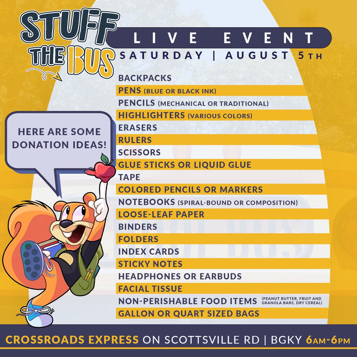 StuffTheBusSOKY's tweet photo. TODAY IS THE DAY! 
Come make those school supply donations at the Crossroads Express on Scottsville Road from 6am-6pm and help STUFF THE BUS! https://t.co/MZtGrvdamT