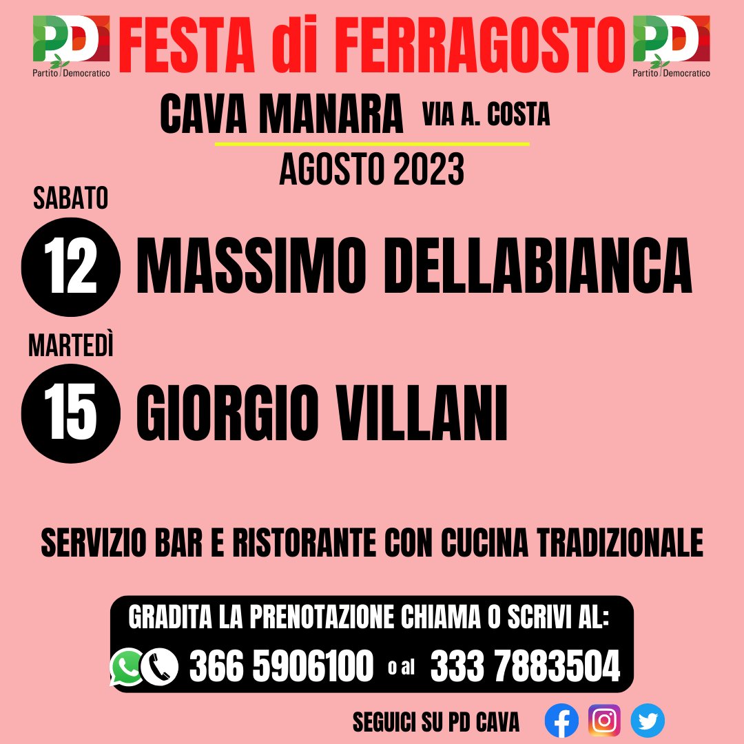 PDCava's tweet photo. ☀️ FESTA di FERRAGOSTO ☀️
Vi aspettiamo: 
👉 sabato 12
👉 martedì 15 con la serata conclusiva.

‼️Tutte le due sere servizio bar e ristorante con la nostra ottima cucina tradizionale.

☎️ È gradita la prenotazione, per farlo chiama o scrivi al 366 5906100 o al 333 7883504. https://t.co/vz7IaY9v8H