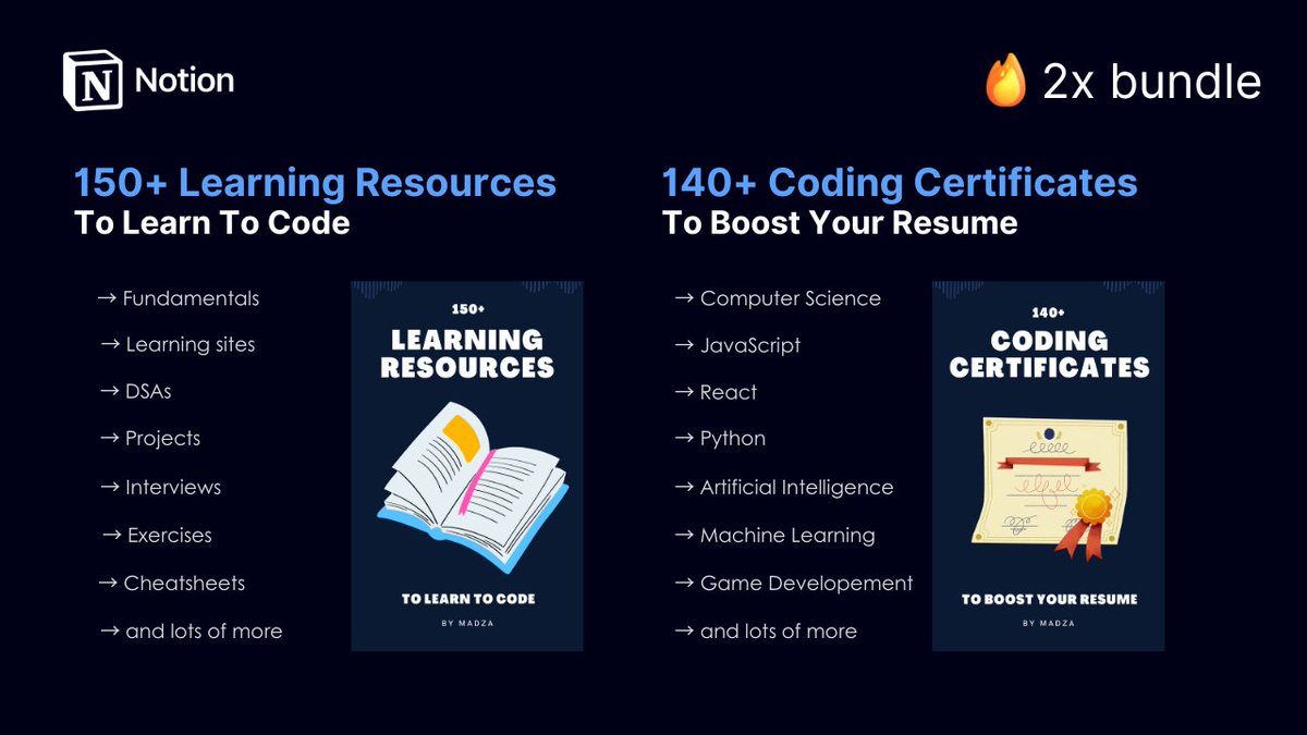 Learn Coding + Earn Certificates with the Ultimate Bundle! 🔥🔥

If you missed it, here is what's included 👇👇

→ 150+ Learning Resources
→ 140+ Coding Certificates

For the next 24 hours, it's FREE! 🚀

RT &amp; Reply "👋" and I'll DM you both resources!
Follow me (so I can DM)