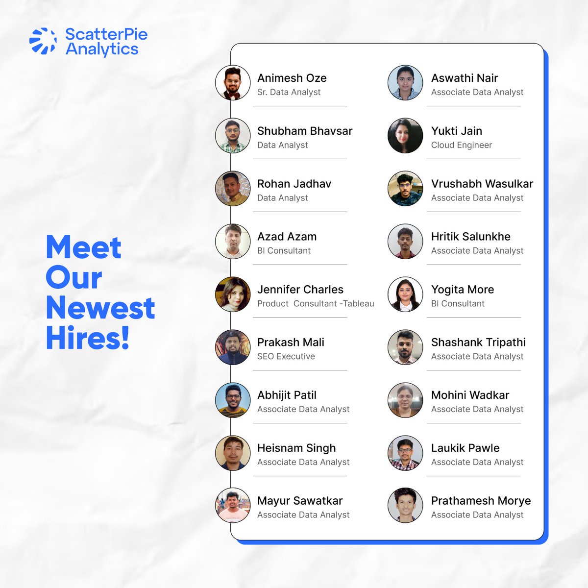 WeAreScatterPie's tweet photo. 🎉 Introducing Our Brilliant Minds! 

🌟📊 We're thrilled to welcome the newest additions to our data analytics family. Together, we're shaping the future of insights and innovation. 

#ScatterpieAnalytics #DataAnalytics #NewHires #WelcomeAboard https://t.co/X2zGDus8f2