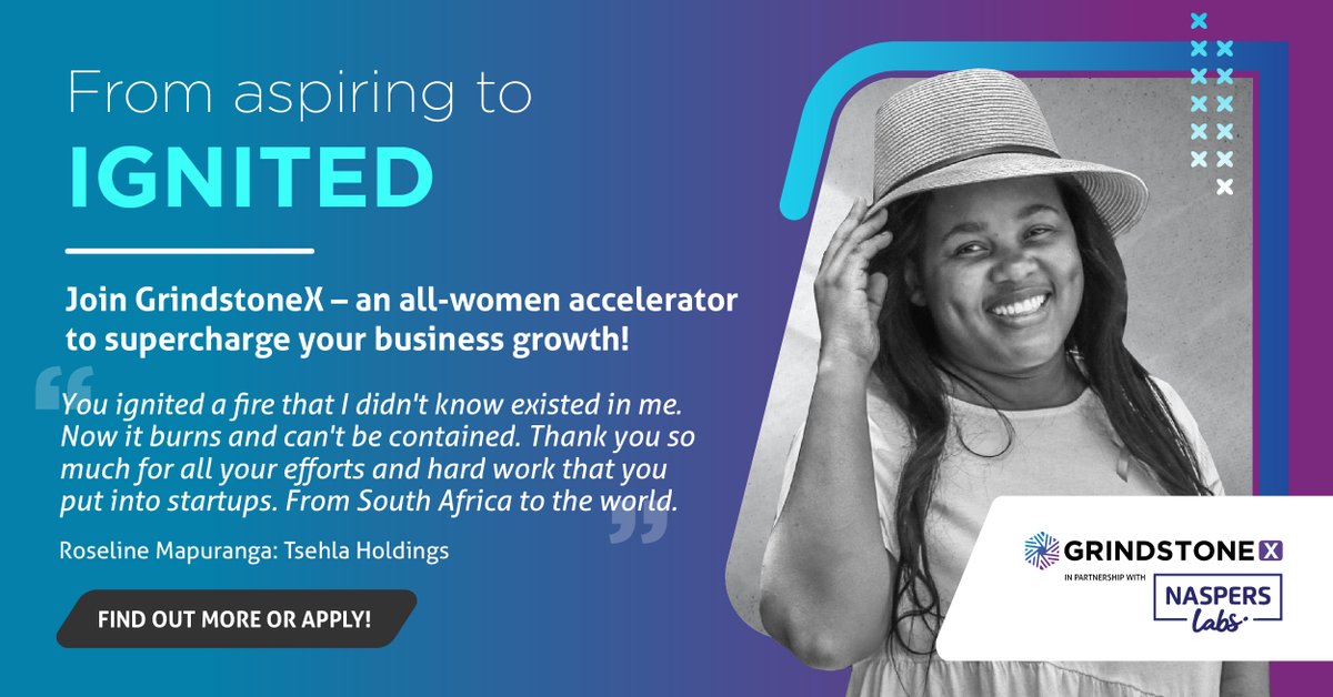 Female founders, the GrindstoneX accelerator is looking for you! We’re seeking 10 female-founded/led startups from across SA to join GrindstoneX with <a href="/NaspersLtd/">Naspers Limited</a>. Be part of a supportive network of innovative startups and ignite your leadership potential.

grindstonexl.com/grindstone-reg…