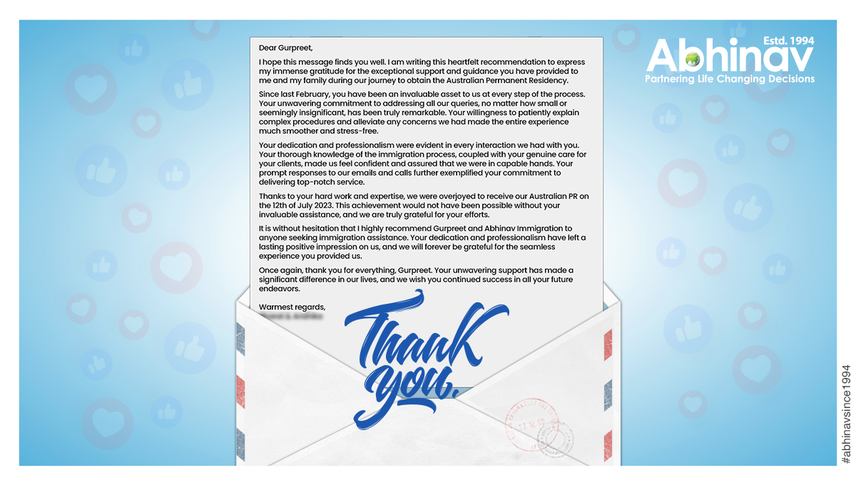 abhinavimmi's tweet photo. A heartfelt Thank You Note from our beloved Client - Abhinav is the synonym for success in Australia PR Visa!
Visit Us Now : https://t.co/QIgpJxkQhf.
For more info call us at +91-8595338595
#thankyounote #clientfeedback #australiaprvisa #immigratetoaustralia #abhinavsince1994 https://t.co/LTBwKVfEiI