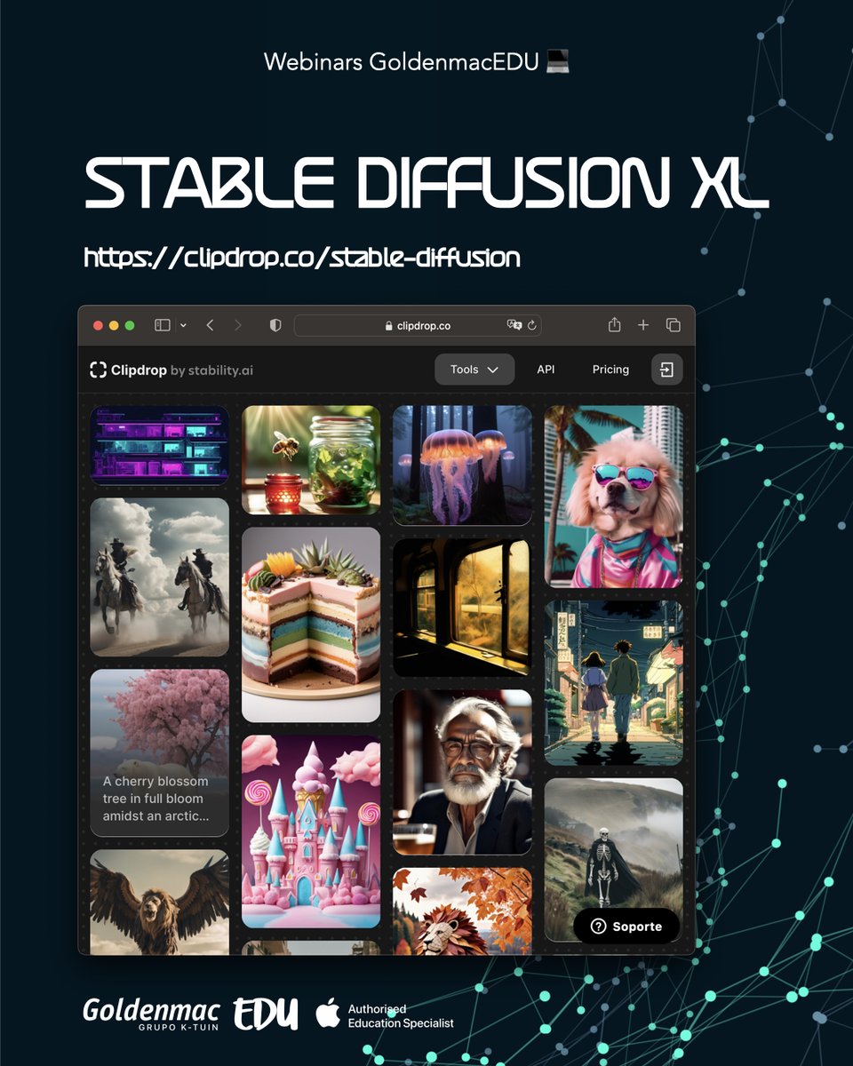 GoldenmacEDU's tweet photo. 💡 STABLE DIFFUSION XL
Alternativa de #Inteligenciaartificial para la creación de imágenes online.
Pruébala ya 👉🏽 https://t.co/l334xNvlTu
#appleedu #appleteacher #appleeduchat #appleedu #ADE #ADS #appleeduchates https://t.co/lT0ct9Z9im