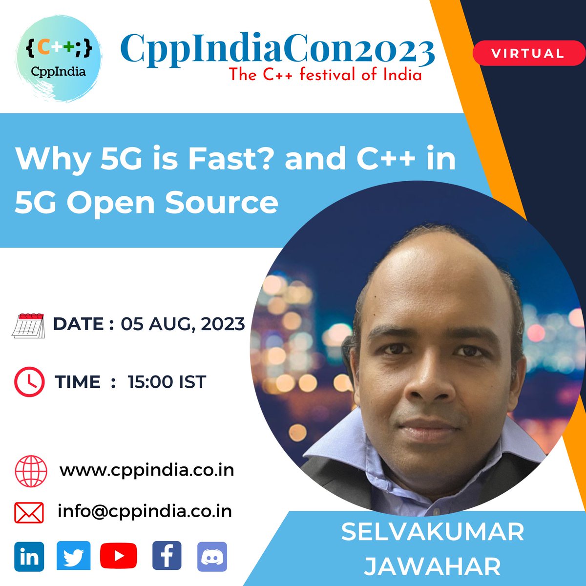 CppIndiaUG's tweet image. Join us for our talk by Selvakumar Jawahar on &quot;Why 5G is Fast? and C++ in 5G Open Source&quot; at 03:00 PM IST.

Sponsors:
@Intel
@qubecinema
@thinkcell
@TechAtBloomberg

#cppindia #cppindiacon2023
