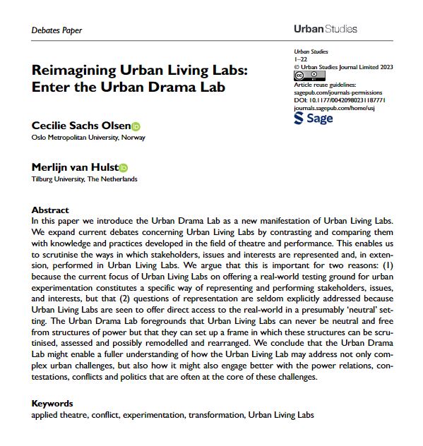 USJ_online's tweet photo. Cecilie Sachs Olsen and Merlijn van Hulst introduce the #UrbanDramaLab as a new manifestation of #UrbanLivingLabs in their latest Open Access #DebatesPaper
https://t.co/dLSxDn8PRf https://t.co/QQePhK9pWM