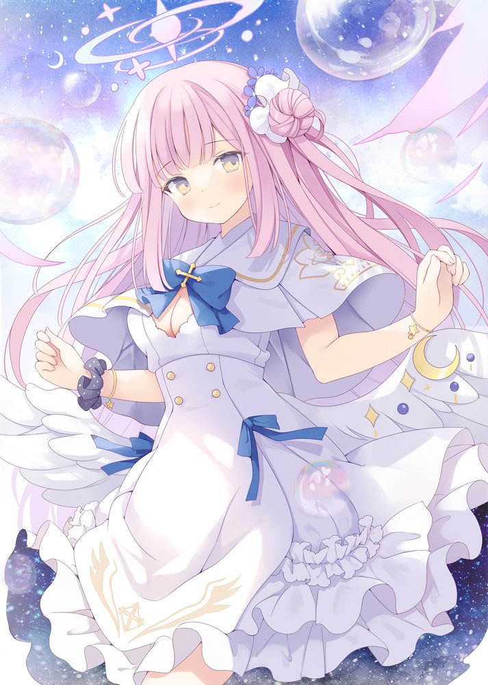 mika (blue archive) 1girl solo pink hair dress wings long hair scrunchie  illustration images