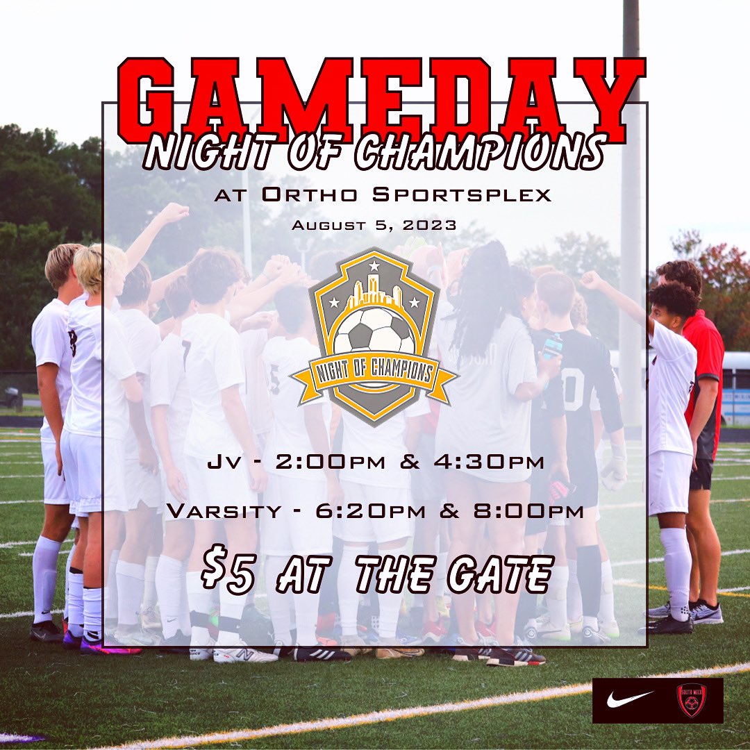 SMsabresoccer's tweet photo. 🚨and…WE ARE BACK!!
Night of Champions @totalsoccercharlotte
📍 Ortho Sportsplex
⚽️ JV - 2pm & 4:30pm
⚽️ Vary - 6:20pm & 8pm
$5 at the gate
#allin #nothingchanges #letsgo #cleareyesfullheartscantlose #initforeachother #southside #sabrenation @SM_Sabres @SMHSSabres https://t.co/O6587MuFfH