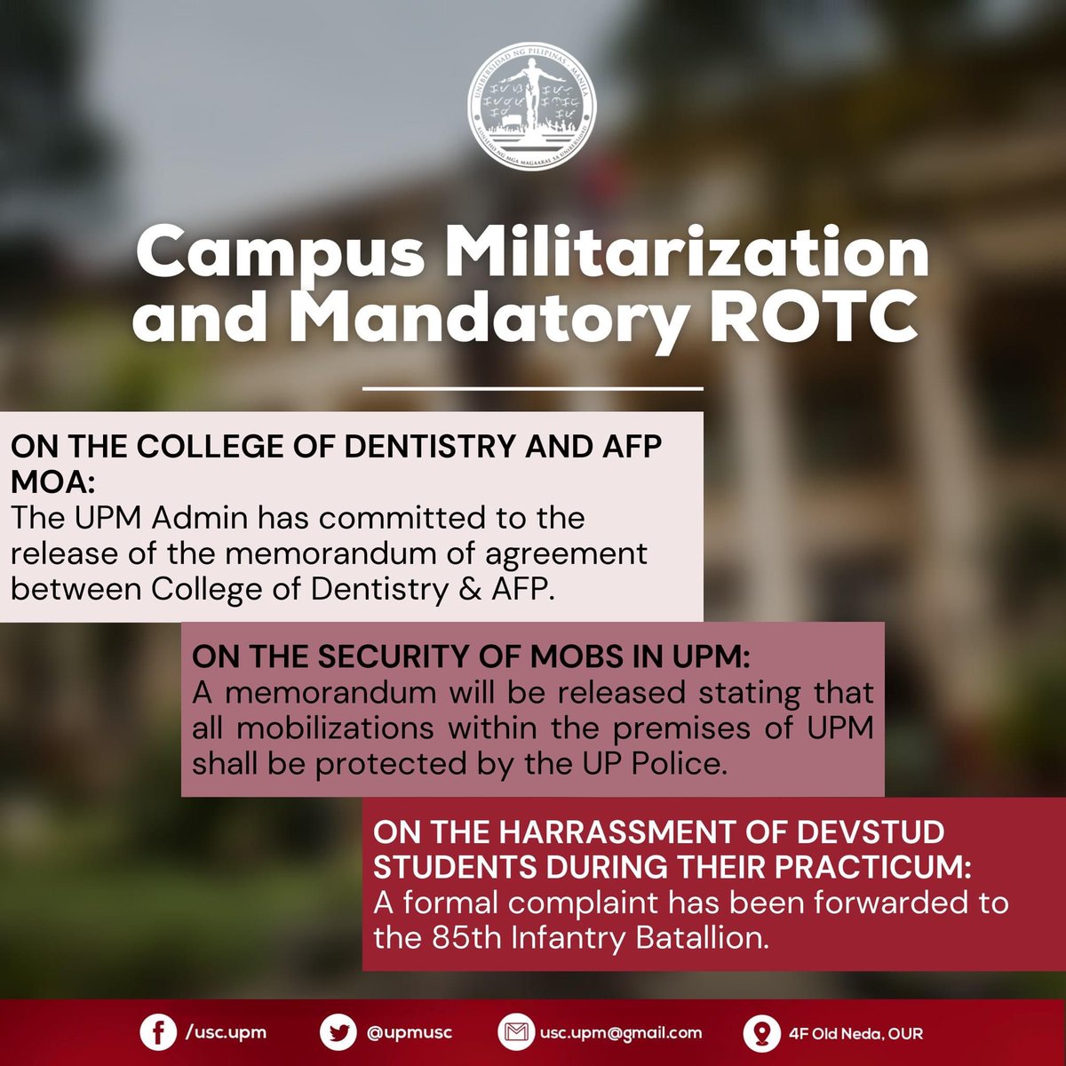 UPMUSC's tweet photo. Shown below are the updates and developments from the aforementioned session.

Developments from the townhall meeting will be used to revise the UPM Student Agenda, to be presented for this year's Chancellor selections. 

#OneUPM https://t.co/yQ4tQSioaW