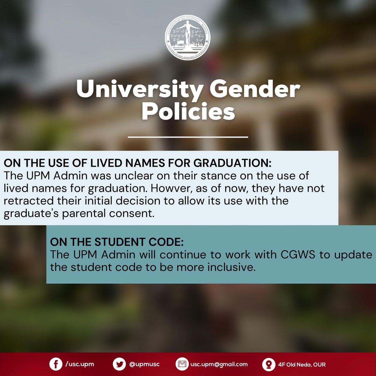 UPMUSC's tweet photo. Shown below are the updates and developments from the aforementioned session.

Developments from the townhall meeting will be used to revise the UPM Student Agenda, to be presented for this year's Chancellor selections. 

#OneUPM https://t.co/yQ4tQSioaW