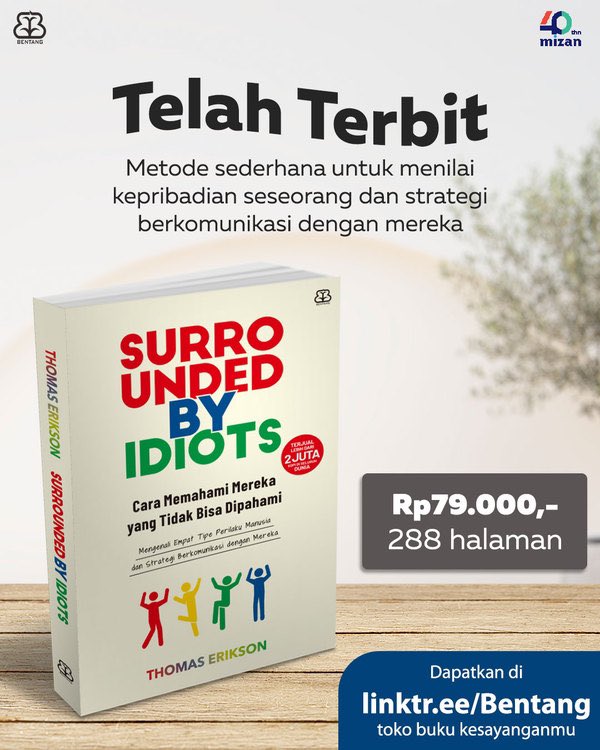 bentangpustaka's tweet photo. Bukunya bisa Sahabat Bentang dapatkan di https://t.co/QiZfgQTScI atau toko buku kesayanganmu, ya!
#BentangPustaka #SurroundedByIdiots #BukuSurroundedByIdiots #NonFiksiBentang #bukusosial #psikologi #relationship #kepribadian #personality #personalitytest #colorpersonality #meme https://t.co/MxqDFPCOgF