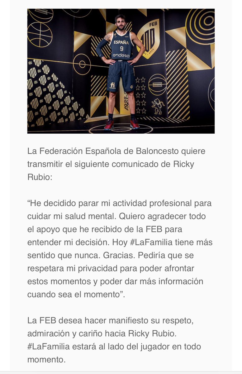 Jose_Ajero's tweet photo. La responsabilidad de @rickyrubio9 para el crecimiento en fondo y forma de nuestro baloncesto es incalculable.

Un referente mundial de valores poco reconocibles en el deporte profesional. Héroe en pantalón corto que pasa la bola sin mirar, mientras fija la vista en la vida. https://t.co/omyVyU0Kw0