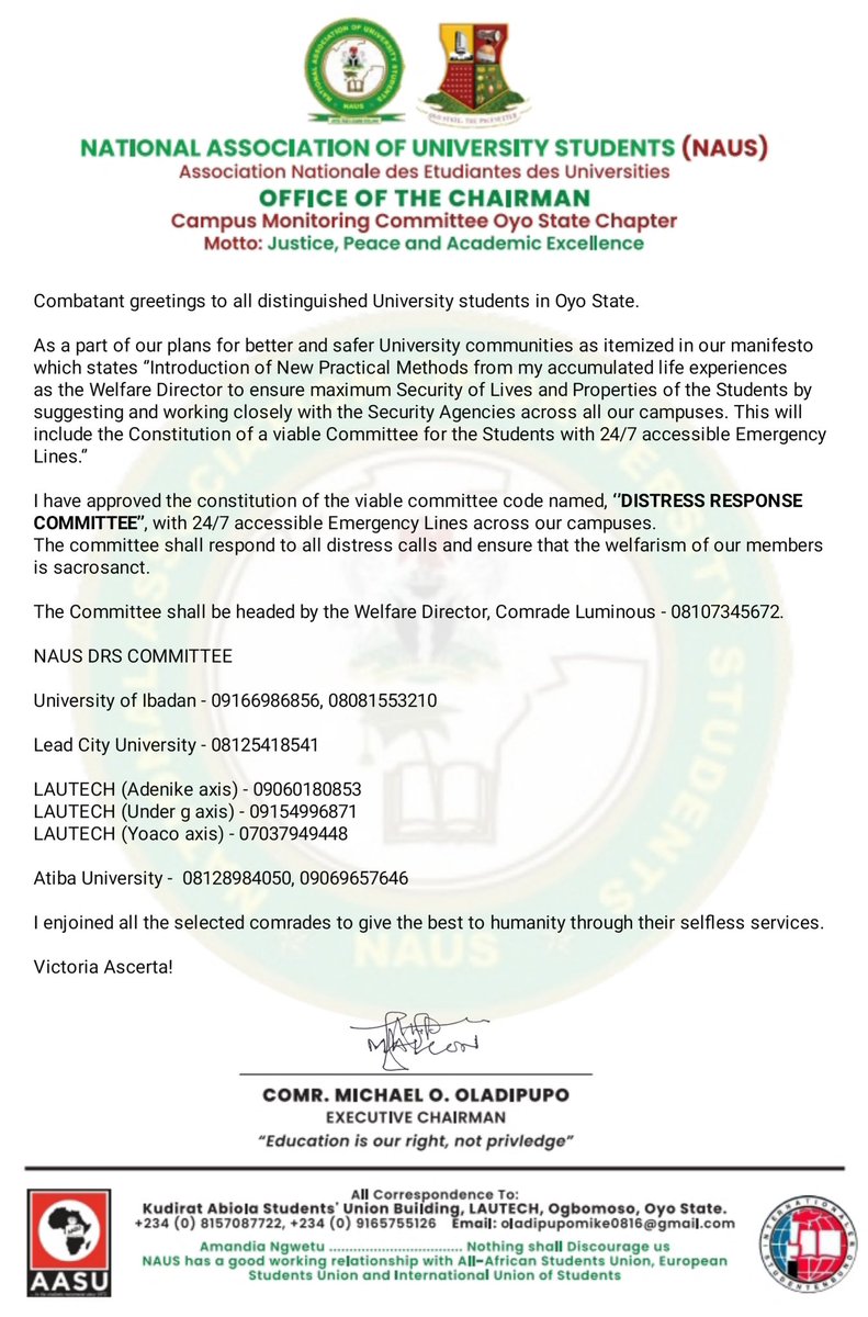 maiconsfr's tweet photo. Combatant greetings to all distinguished University students in Oyo State.

As a part of our plans for better and safer University communities as itemized in our manifesto which states ‘’Introduction of New Practical Methods from my accumulated life experiences as the Welfare https://t.co/w6SpxeySU1