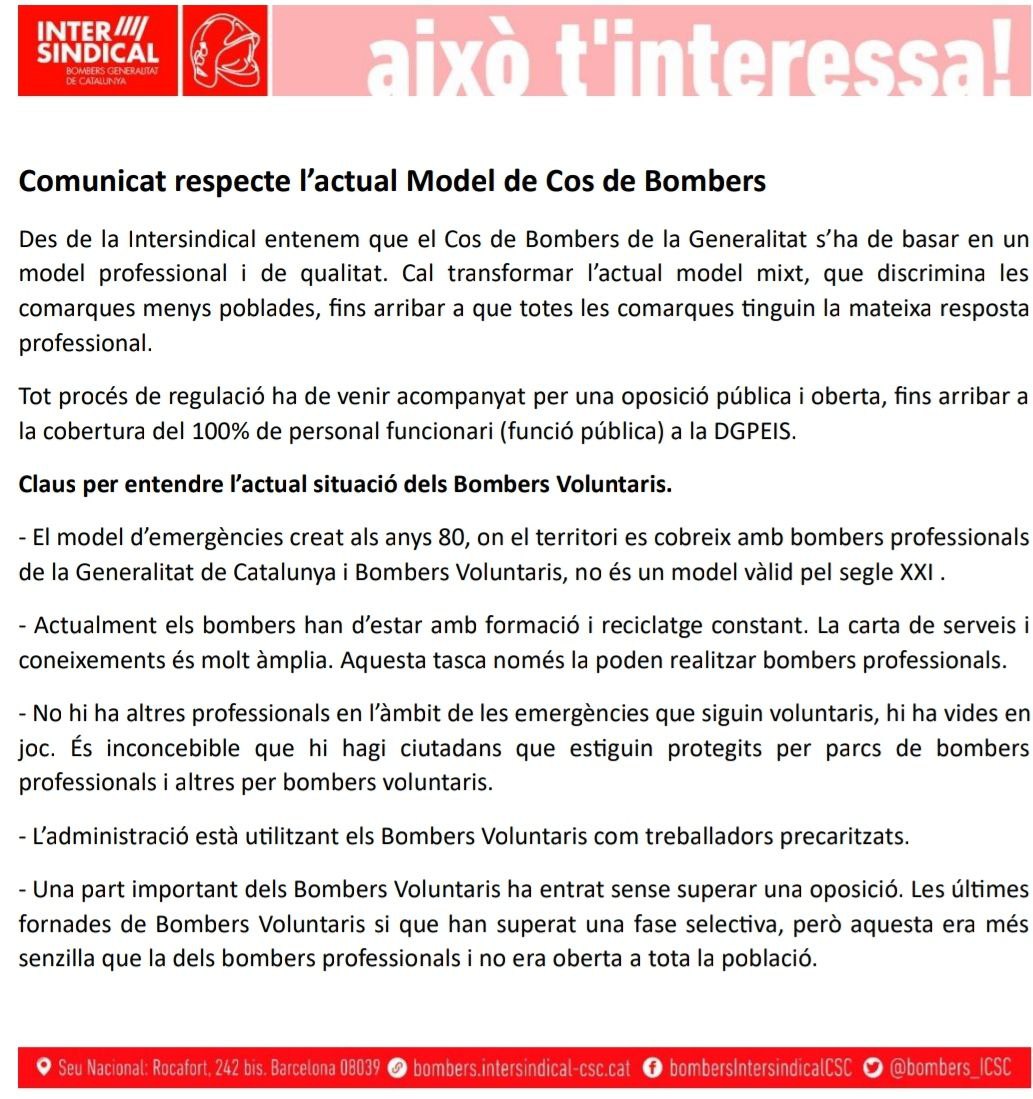 Com a militant de la <a href="/LaIntersindical/">LA INTERSINDICAL</a> i delegat a <a href="/InterGenCat/">Intersindical Generalitat i Ens Adscrits🎗️</a> em dol aquest comunicat de <a href="/Bombers_ICSC/">Bombers Intersindical</a>. No veig cap mostra de solidaritat cap el col·lectiu de bombers voluntaris ni tampoc cap proposta de solució. Hi hauria d'haver més empatia entre bombers. Em sap greu.