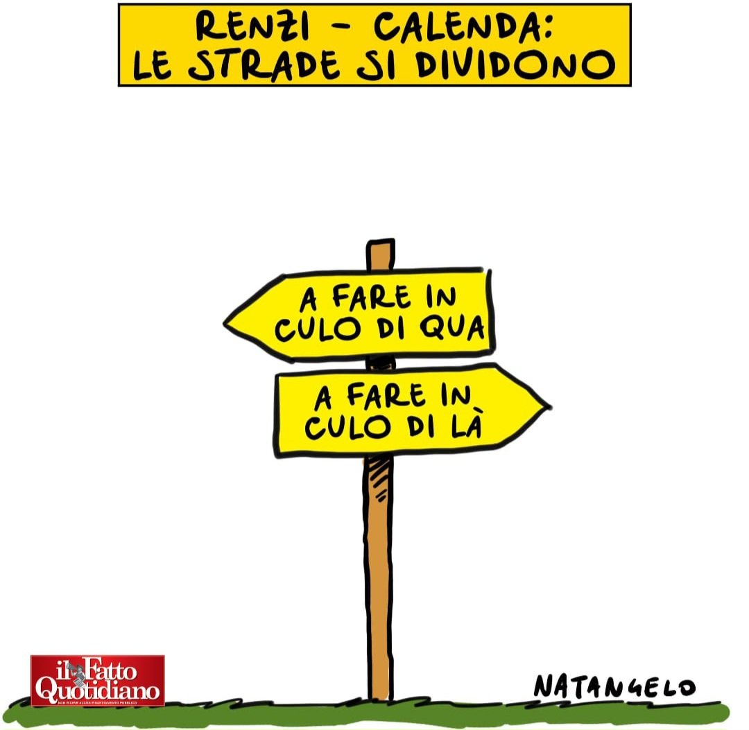 NatangeloM's tweet photo. Ognuno per la sua strada - la mia vignetta per Il Fatto Quotidiano oggi in edicola! 

#renzi #calenda #italiaviva #terzopolo #azione @fattoquotidiano  #vignetta #fumetto #memeitaliani #umorismo #satira #humor #natangelo https://t.co/4qJdZjisZl