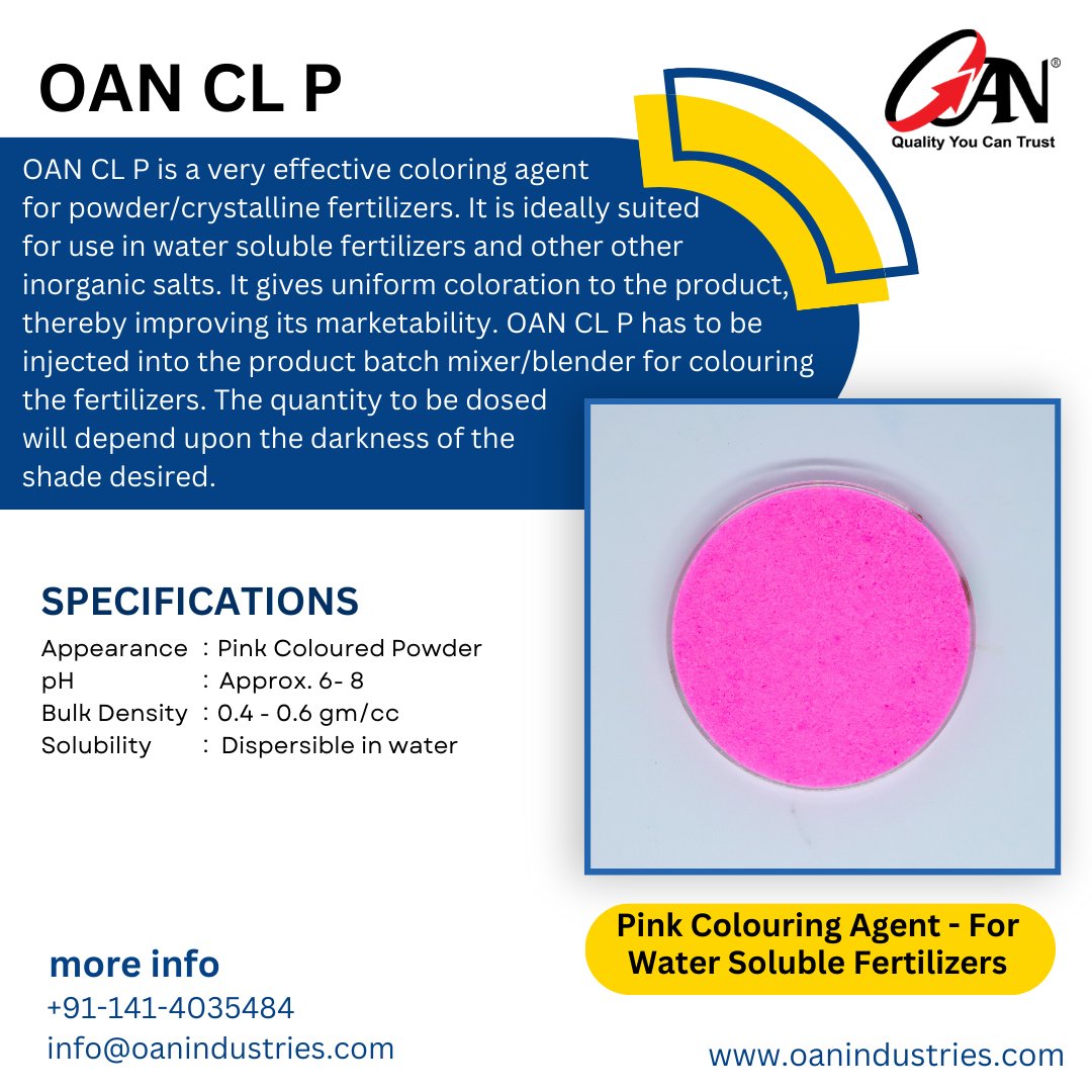 oanindustries's tweet photo. OAN CL P - Pink Colouring Agent for Water Soluble Fertilizers
#fertilizers #additives #colouringagent #fertilizeradditives #colouringagentforWSF #watersolublefertilizer #plantnutrition #farmfertilizer #fertilizerforplants #fertilizermanufacturer #chemicalmanufacturing https://t.co/8TV7s6WmUT