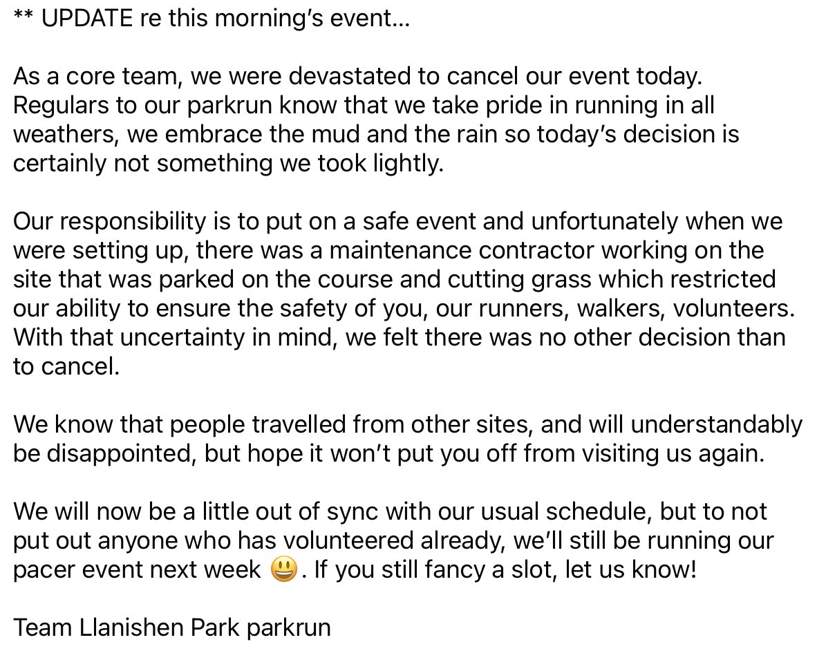 llanprkparkrun's tweet photo. A quick update following our cancellation this morning… huge apologies to you all ❤️ https://t.co/EyErG2jA62