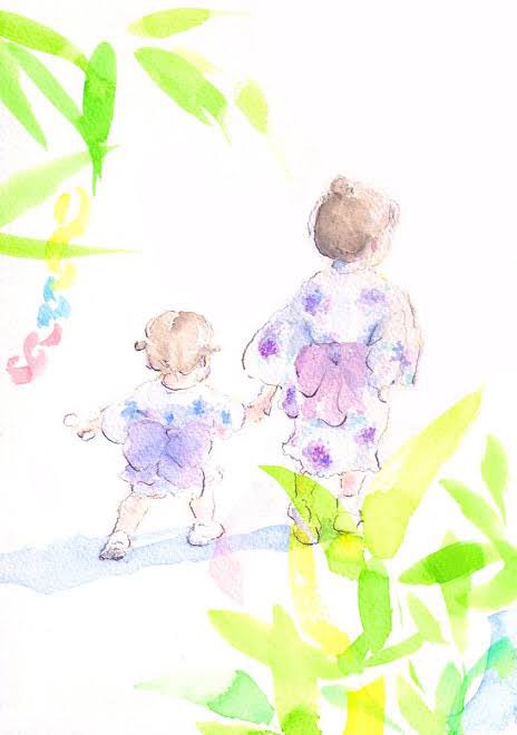 japanese clothes from behind kimono child holding hands brown hair facing away  illustration images