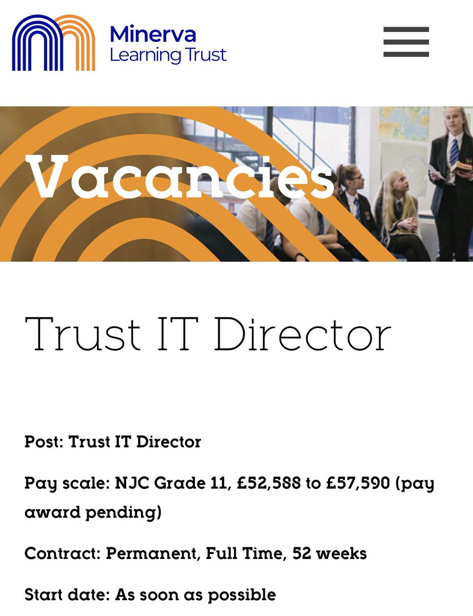 As we prepare for our next stage of growth we are seeking to recruit ambitious and talented colleagues to two brand new posts of Director of Facilities and Estates and a Director of ICT.

An exciting time to join our amazing team!

minervalearningtrust.co.uk/vacancies