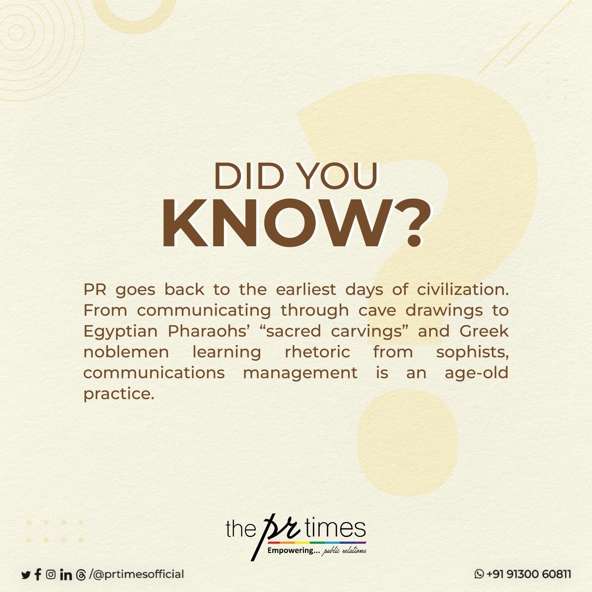 Throughout the transition from civilization to digitalization, communication has consistently held its place as an indispensable element of Public Relations. Elevate your PR efforts and distinguish yourself with our expert services.
#DidYouKnow #PRFacts #AboutPR #PRServices