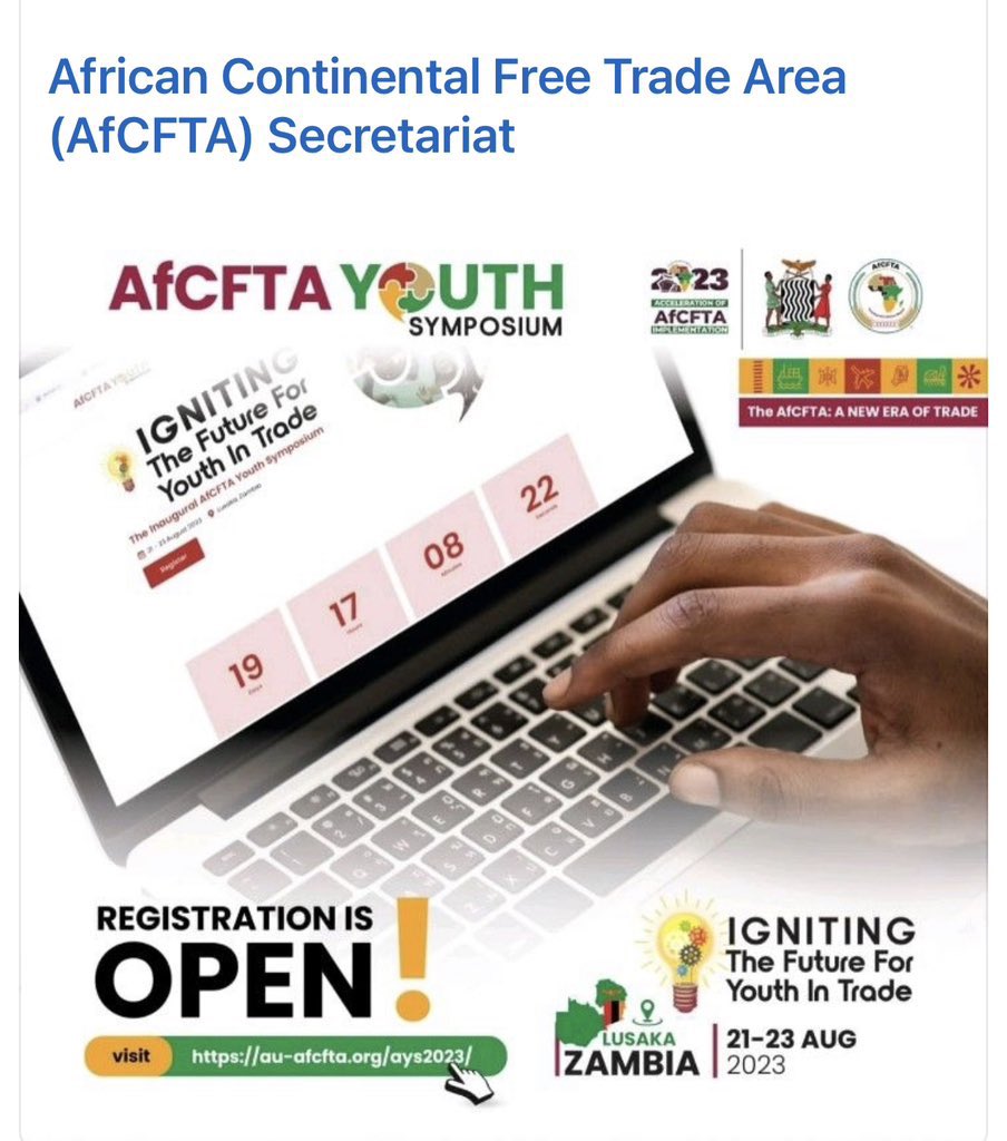 The @AU_YouthEnvoy is excited to participate at the upcoming <a href="/AfCFTA/">AfCFTA Secretariat Official</a> Youth Symposium!An opportunity to engage with leaders on the AU theme of the year&amp; learn more on the progress <a href="/MeneWamkele/">Wamkele Mene</a> 
Register to attend: 
au-afcfta.org/2023/07/resche…
#AfricaYouthLed
<a href="/AUC_MoussaFaki/">Moussa Faki Mahamat</a>