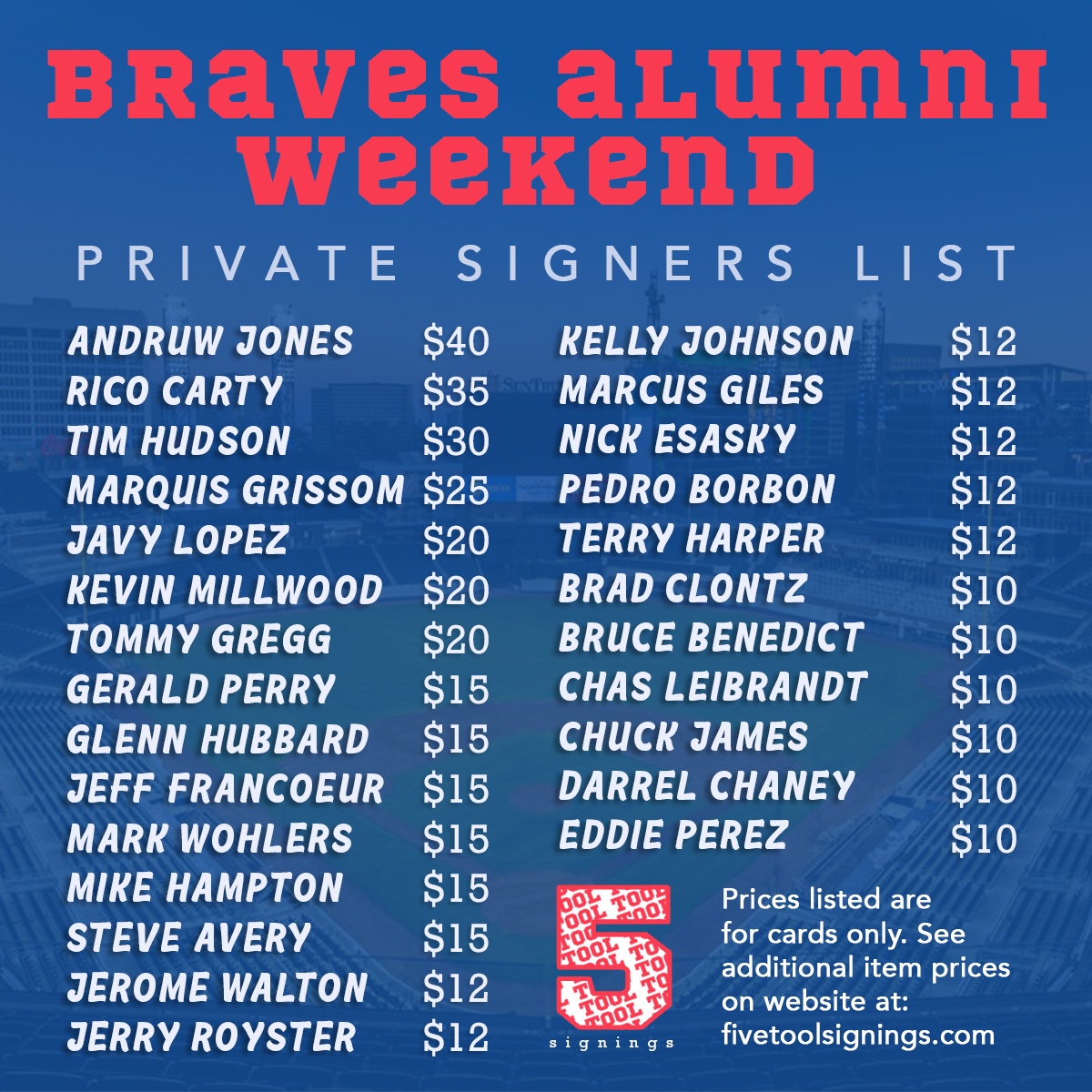 5ToolSignings's tweet photo. GET IN ON THESE!! COMPLETE UPDATED LIST OF BRAVES ALUMNI WEEKEND SIGNINGS!!
SHOP HERE: https://t.co/2axvnu4h2L
#Braves #whodoyoucollect #fivetoolsignings #Atlanta #mlb #autograph #autographs #privatesigning #privatesignings https://t.co/GirV9M4fT7