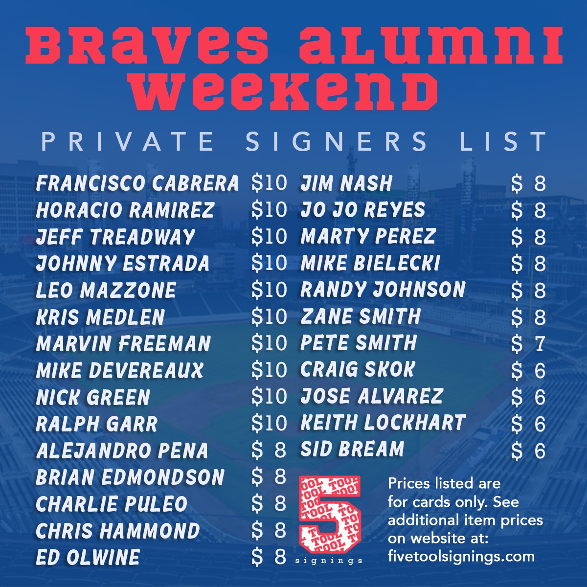 5ToolSignings's tweet photo. GET IN ON THESE!! COMPLETE UPDATED LIST OF BRAVES ALUMNI WEEKEND SIGNINGS!!
SHOP HERE: https://t.co/2axvnu4h2L
#Braves #whodoyoucollect #fivetoolsignings #Atlanta #mlb #autograph #autographs #privatesigning #privatesignings https://t.co/GirV9M4fT7