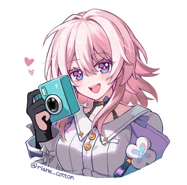 1girl camera pink hair solo holding camera gloves smile  illustration images