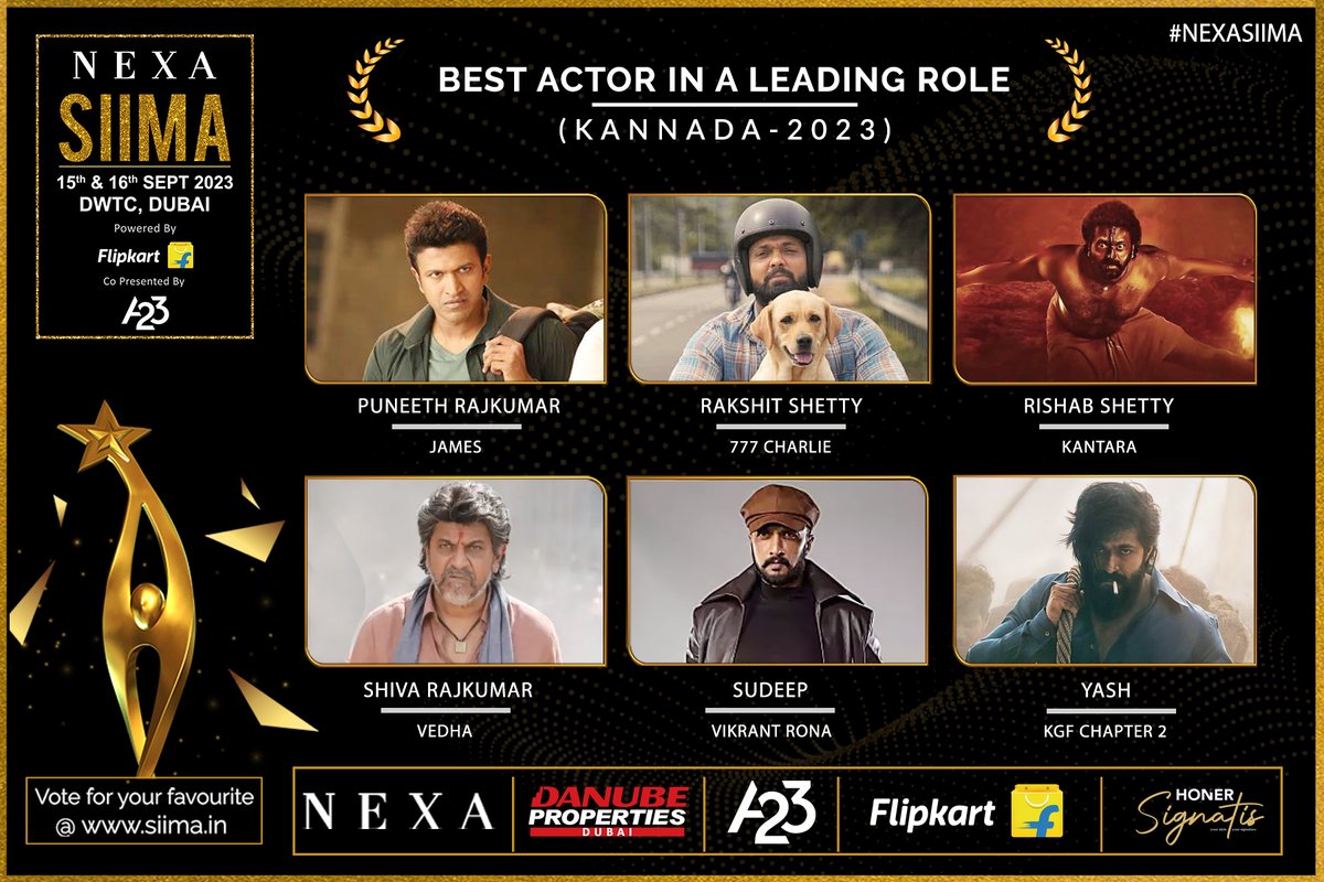 siima's tweet photo. SIIMA 2023 Best Actor in a Leading Role | Kannada

1: @PuneethRajkumar for #James
2: @rakshitshetty for #777Charlie
3: @shetty_rishab for #Kantara
4: @NimmaShivanna for #Vedha
5: @KicchaSudeep for #VikrantRona
6: @TheNameIsYash for #KGFChapter2

Vote for your Favorite at https://t.co/bPiuolfcBg

#NEXASIIMA #DanubeProperties #A23Rummy #HonerSignatis #Flipkart #TruckersUAE #SIIMA2023 #A23SIIMAWeekend #SouthIndianAwards #SIIMAinDubai

Danube Properties Presents A23 SIIMAWEEKEND in Dubai on 15th and 16th September.