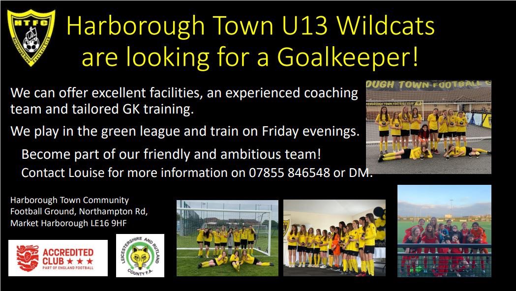 Clarktwent's tweet photo. Harborough Town Football Club U13 girls are looking for a GK! Please share! #girlsfootball #grassrootsfootball #harboroughtownfc https://t.co/7qbycCISvI