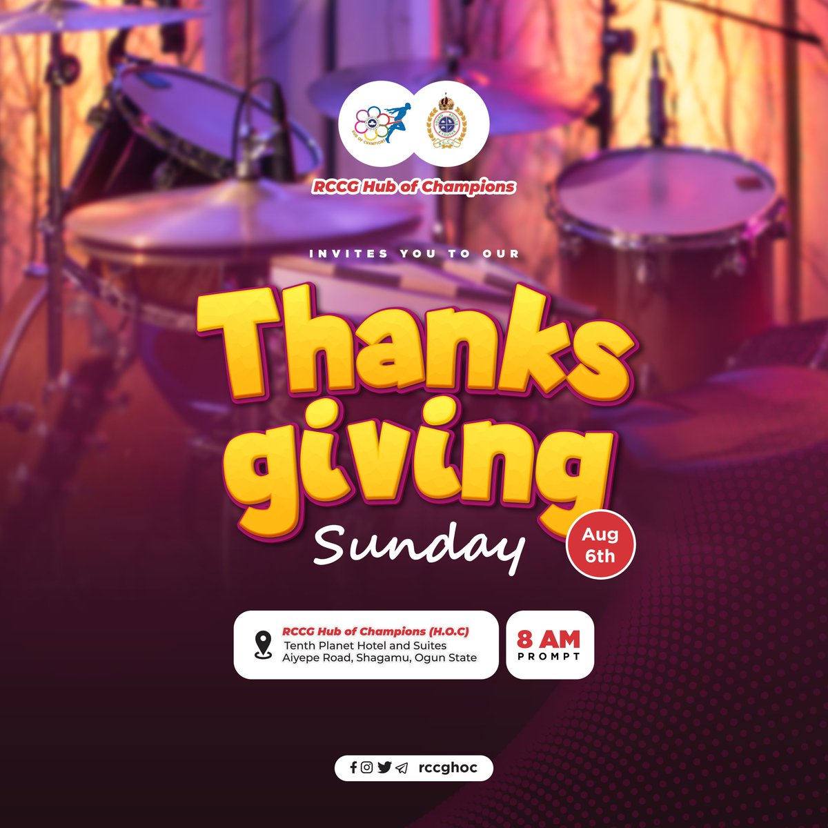 Rccg_HOC's tweet photo. Hallelujah!

Join us this Sunday (with your friends and loved ones) for a "Wow" time in God's presence as we enter into HIS Gates with Thanksgiving and into HIS Court with Praise.

See flyer for details.

#SundayService
#RCCG
#HUBOFCHAMPION
#ThanksgivingService https://t.co/U0v3dNOgPe