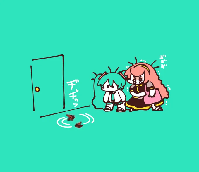 扉の前でセミファイナルされてて家に入れない2人と何も知らないリンちゃ( ¨̮ )
