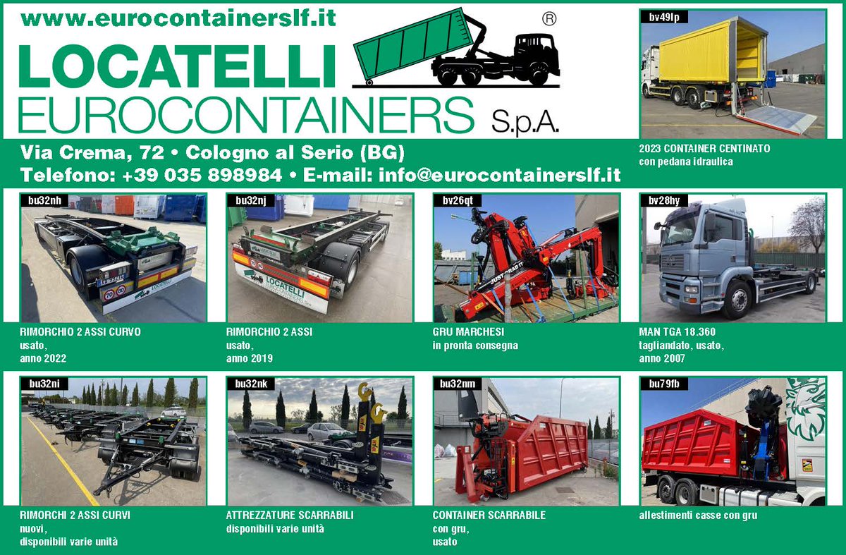 CamionSuperMKT's tweet image. Hai già visto gli ultimi #camion, containers e #rimorchi in vendita da @LocatelliEurocontainers?🚛
Li trovi ora qui 👉 ow.ly/Fv7F50PqEMz
Locatelli Eurocontainers è leader in Europa nella fornitura di #container scarrabili e articoli per l'ecologia.
☎️+39 035 898984