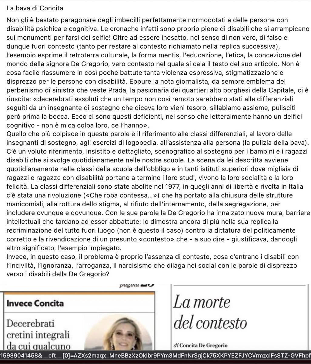 La Bava di Concita #ConcitaDeGregorio #Repubblica #Disabilità #Inclusione #snobbismoclassista