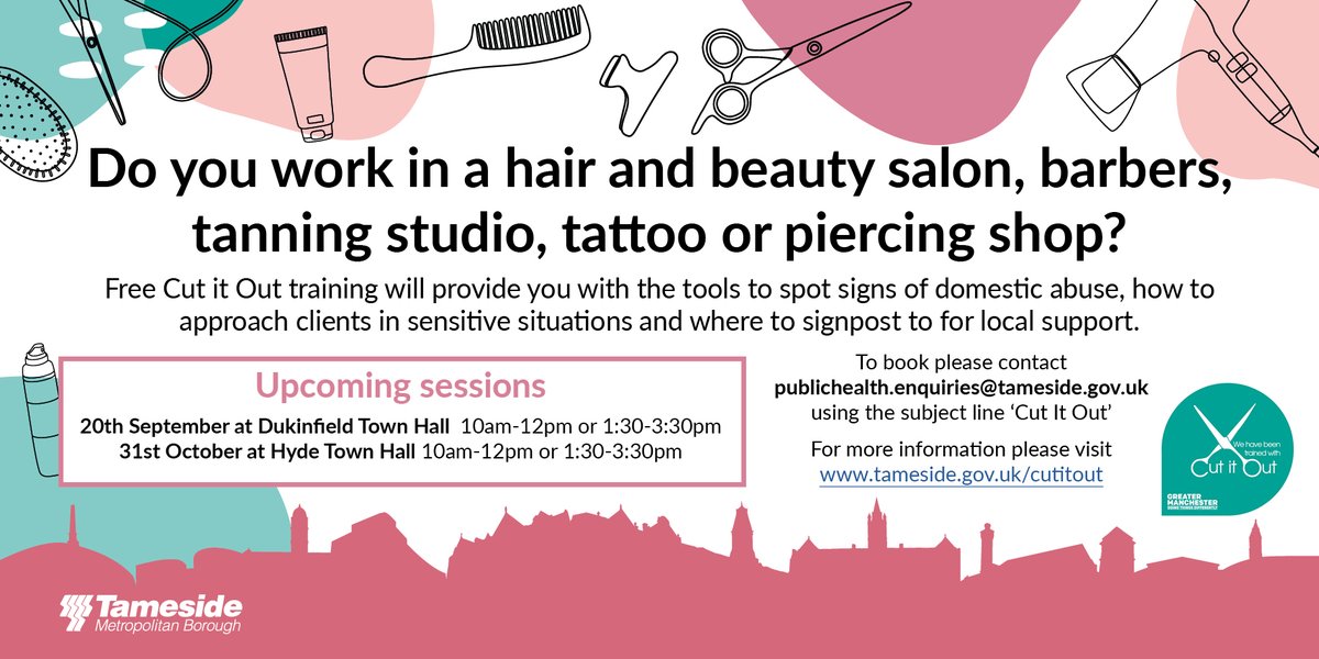 Calling all hair &amp; beauty salons, stylists, barbers, nail &amp; lash technicians 💇

We’re offering FREE #CutItOut training to help you spot the signs of #DomesticAbuse and know how to support your clients and signpost them to help.

More info and to book on👇
tameside.gov.uk/cutitout