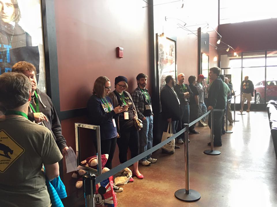 CinemaBandwagon's tweet photo. The hfline from #LostWeekendIV, Day 2. At #LostWeekend, we turn off the reserved seating at @alamowinchester, which means friends gather early to get their seats. One of my favorite part of the fest, folks talking about what they seen and their most anticipated of the day! https://t.co/nK0McIa00Z
