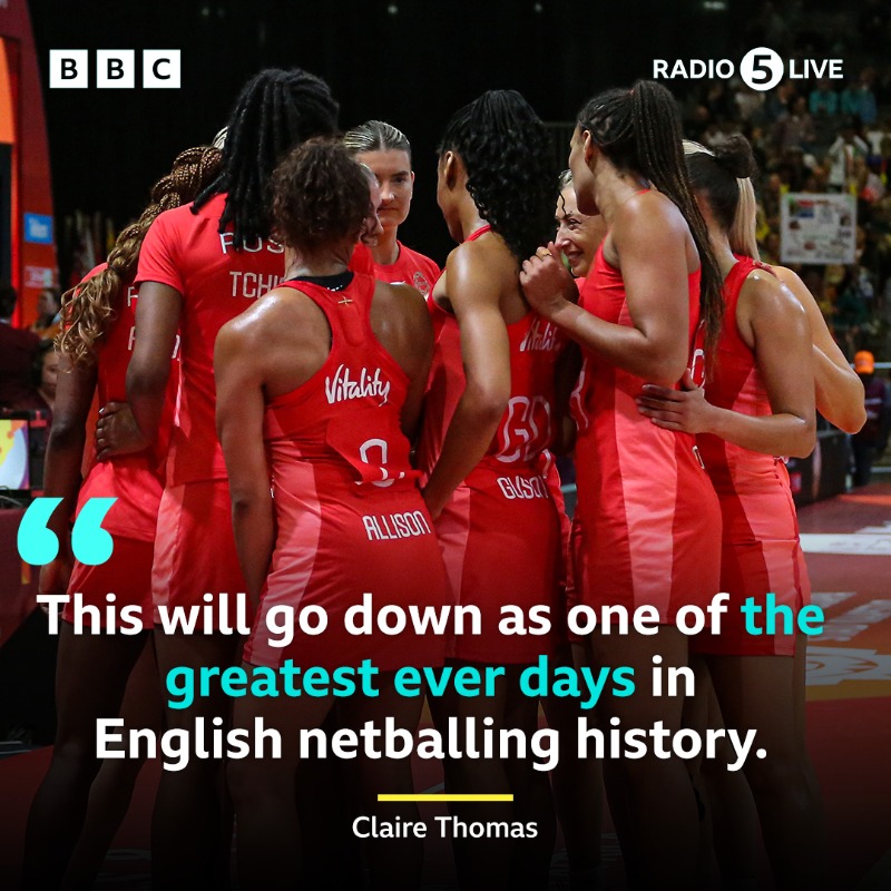 5liveSport's tweet photo. What a day for the Vitality Roses 🤩🌹

For the first time ever, England are into the Netball World Cup Final 👏

#BBCNetball #NWC2023 https://t.co/bL9RJmUnVS