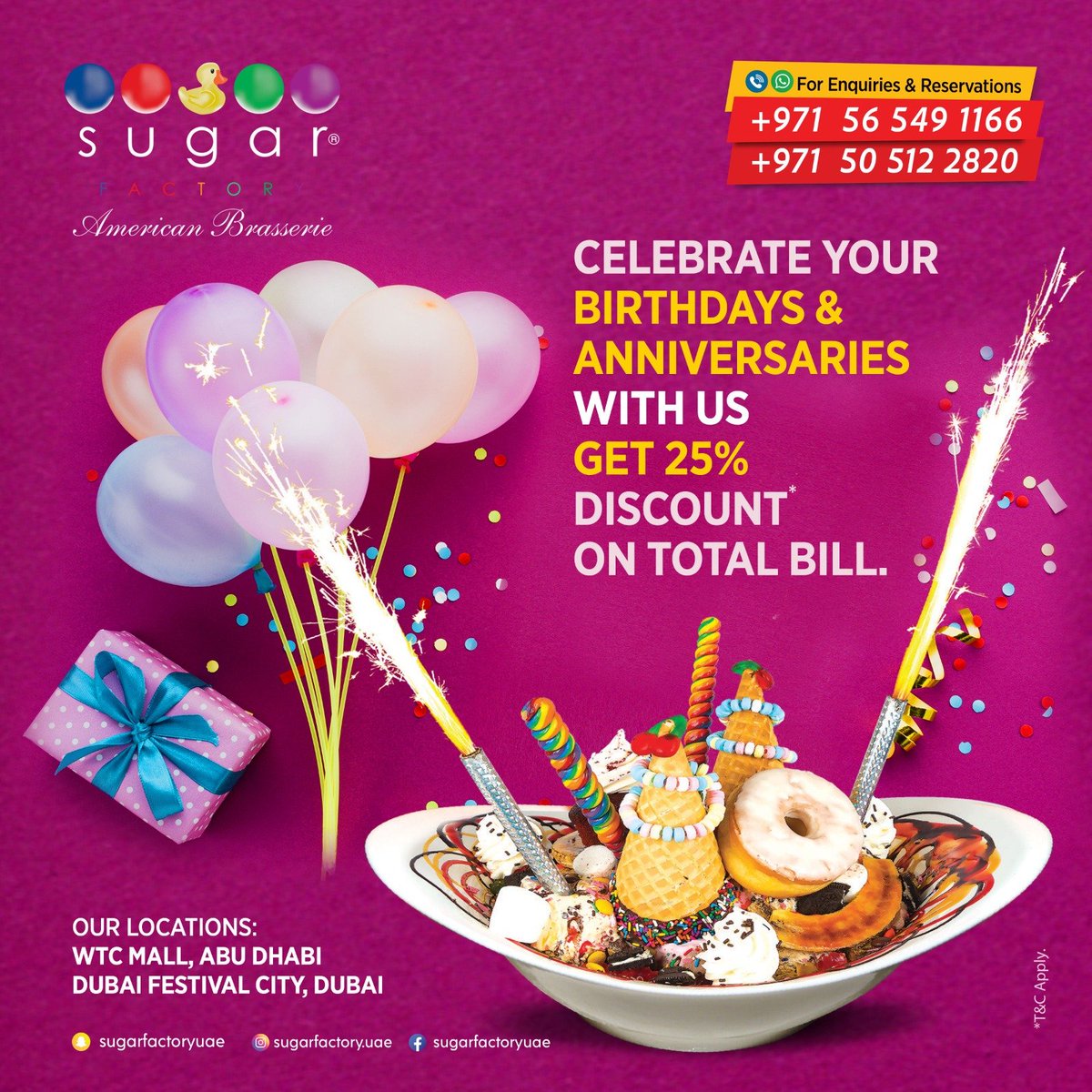 sugarfactoryuae's tweet photo. 🎉🎂 Happy Birthday! 🎉🎈 Celebrate your special day with us and enjoy a mouthwatering feast at a discounted rate! 🍔🍕🍣 Get 25% OFF on your total bill when you dine-in on your birthday! 🎁🎊 Book your table now and let us make your day even more memorable! 🎉🎁 #BirthdayPromo https://t.co/nUGVj2KiIj