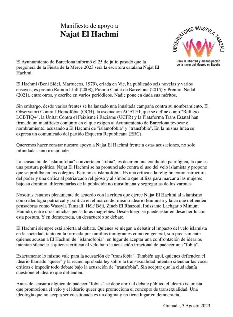 Me uno al manifiesto de apoyo a Najat El Hachmi desde el Observatorio Wassyla Yamzali #YoConNajatElHachmi