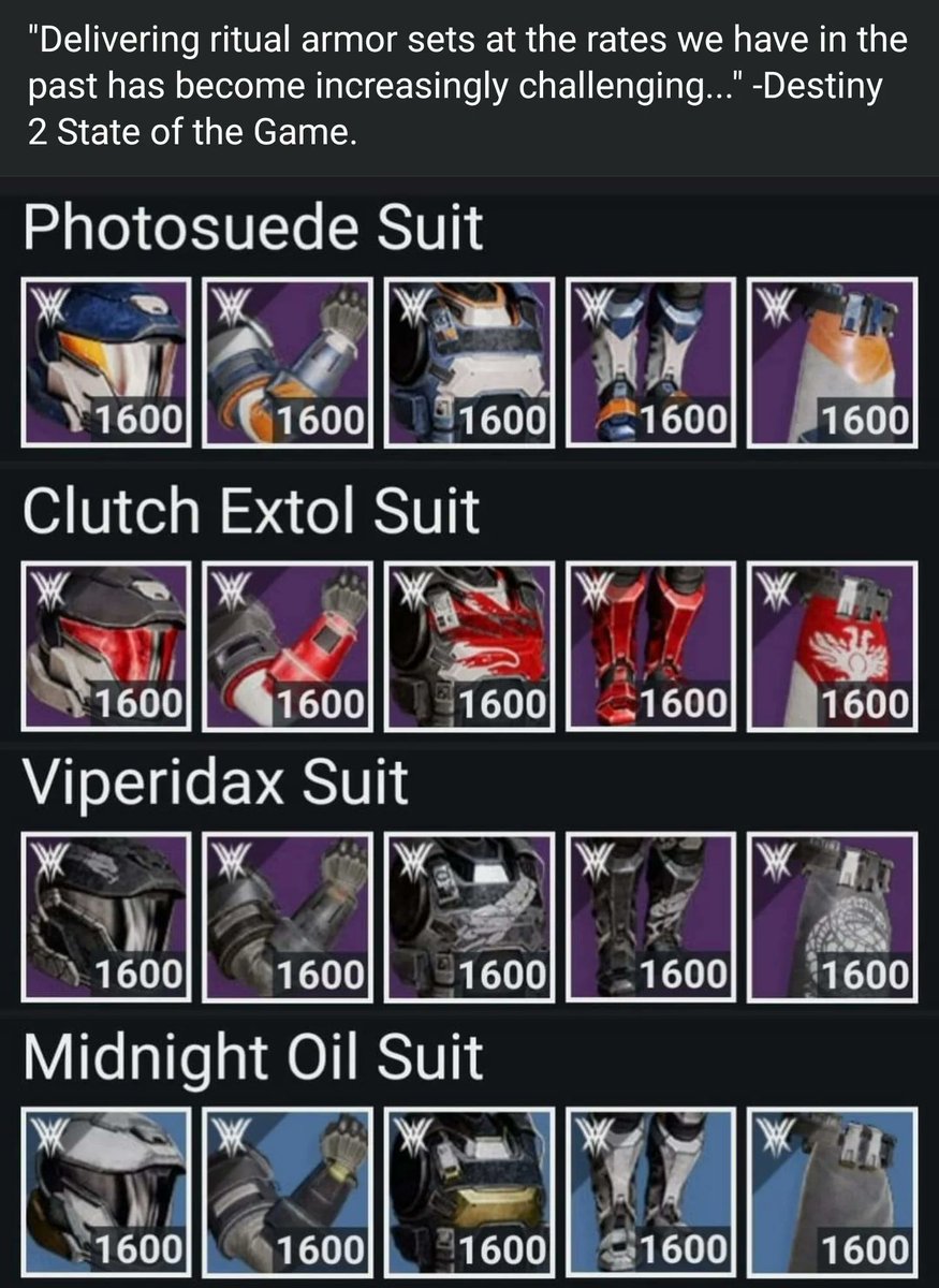 ProjectMain's tweet photo. @DestinyTheGame Hi, please explain why you can't make one ugly armour set and reskin it 4 times a year? Because "its too hard" bet Eververse gets 50 stuff a season? https://t.co/UO0RYW64Jb