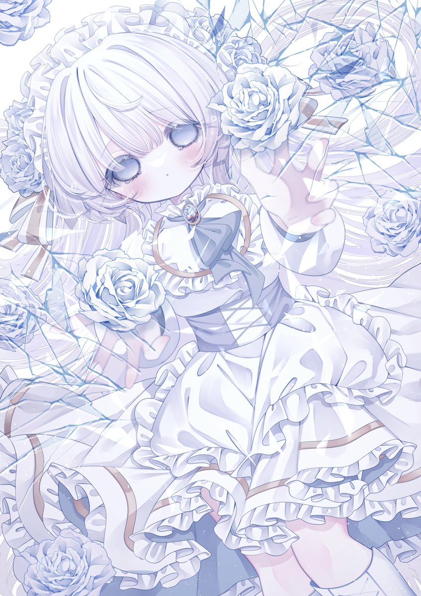 1girl flower rose white hair solo dress frills  illustration images