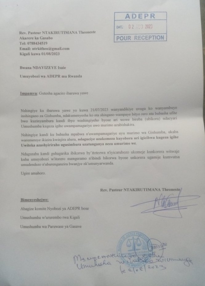 OlivierRubibi's tweet image. Rev Pastor Theoneste  Ntakirutimana from  #ADEPR humiliated Isaïe Ndayizeye who is  leading ADEPR in Rwanda through his letter ✉️ "Ndaguciye uzakomeza kuyobora uri igicibwa."