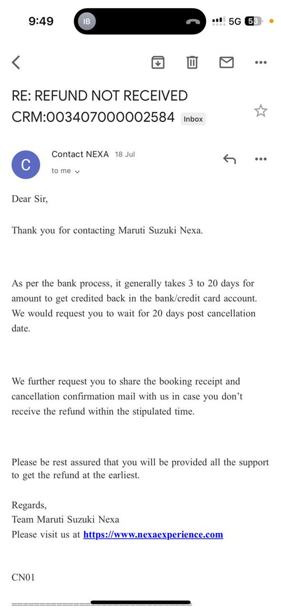 umrkhtb's tweet photo. So I had paid 25,000 INR towards Nexa for car booking and as per there guidelines I should get a refund within 3-5 working days .Been 20 days already.Cheated by the oldest player in automobile industry.
Shame @Maruti_Corp 
@NexaMaruti https://t.co/PdTLpqPz9h