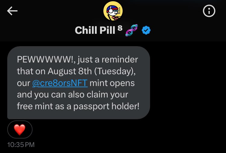 Just got my first-ever DM reminder from project founder for a NFT mint. Impressed by @iamchillpill’s dedication, haven't encountered such commitment from any other project founders before!