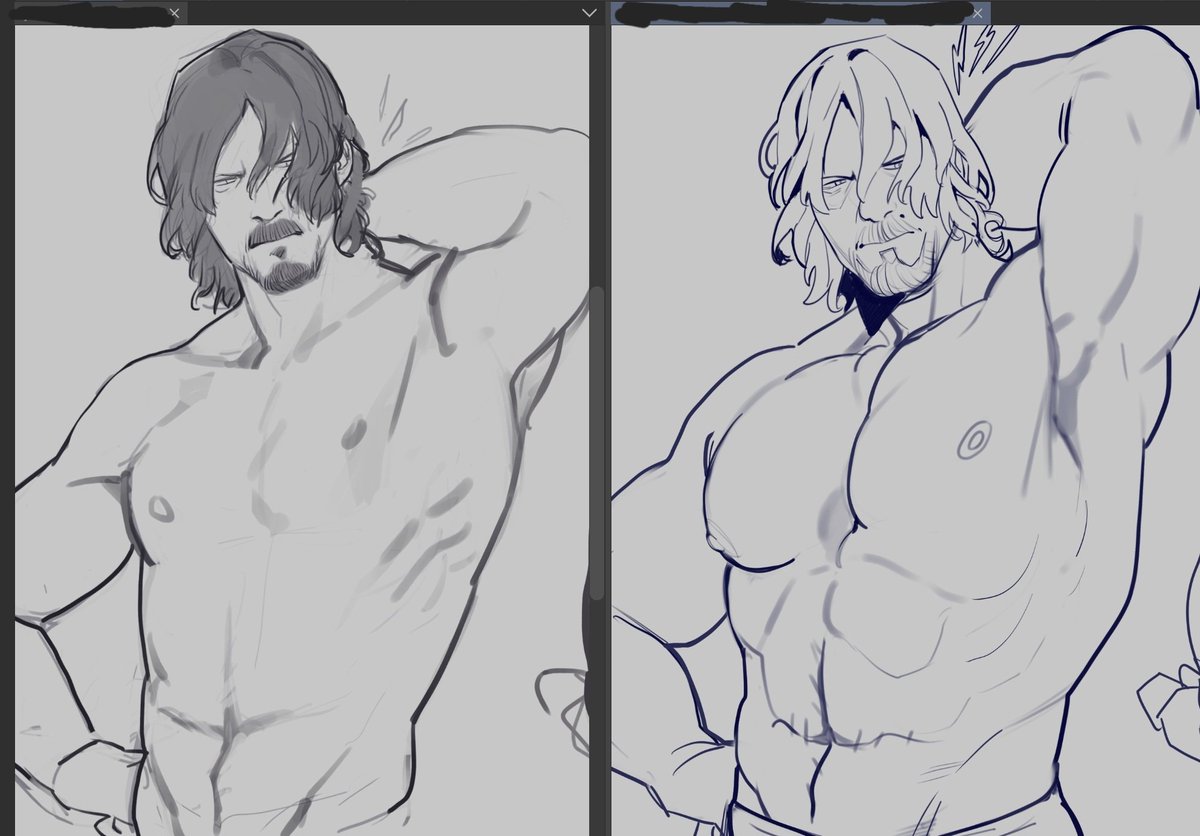 Redrawing an old abandoned sketch from 2021 and feeling satisfied that my subconcious goal of making Sam bigger each time I draw him is still here
